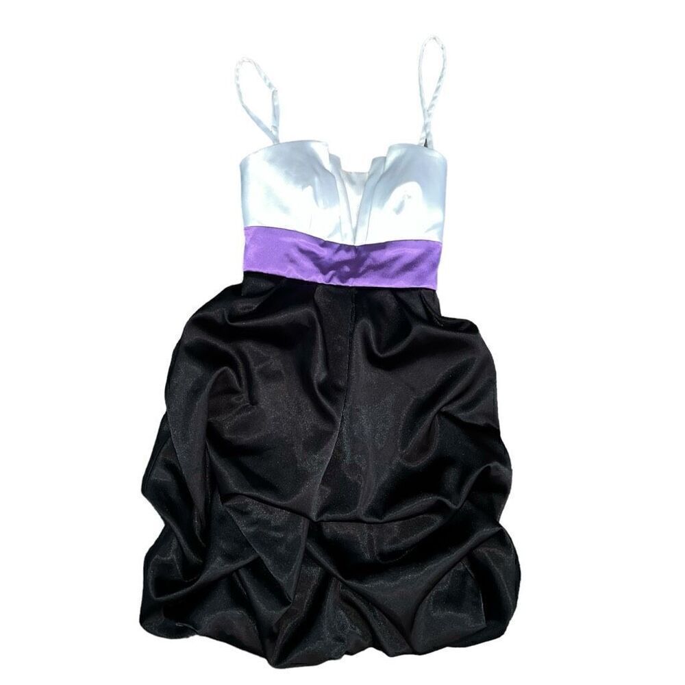 IZ BYER DRESS Color Block Junior Ruffle White Purple Black Tie Back Dress Size 5